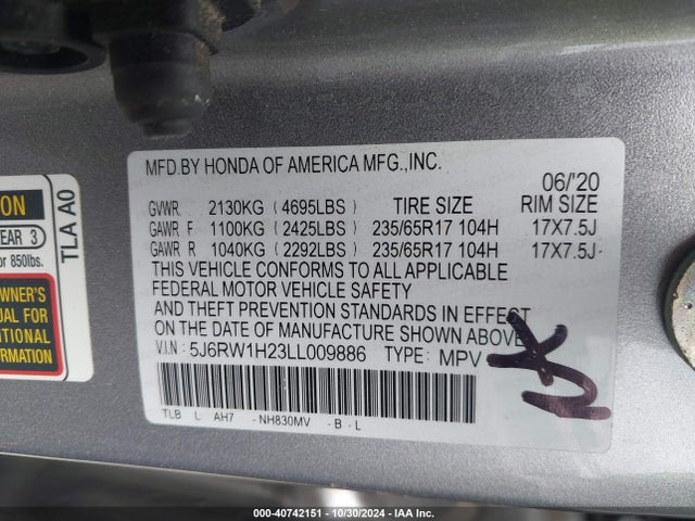 Honda Cr-v 2wd Lx 2020 5J6RW1H23LL009886 Image 9