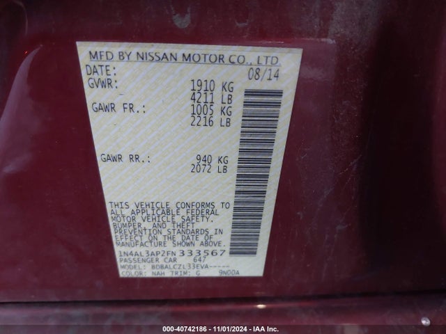Nissan Altima 2.5 S 2015 1N4AL3AP2FN333567 Image 9