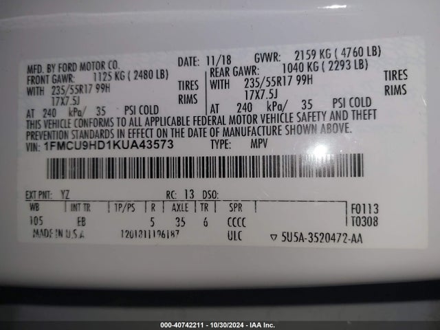 Ford ESCAPE SEL 2019 1FMCU9HD1KUA43573 Image 9