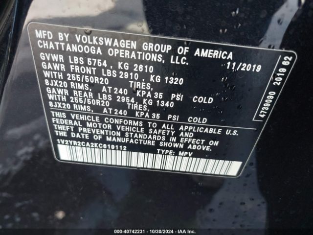 1V2YR2CA2KC619112 Volkswagen Atlas 3.6l V6 Se W/technology R-line