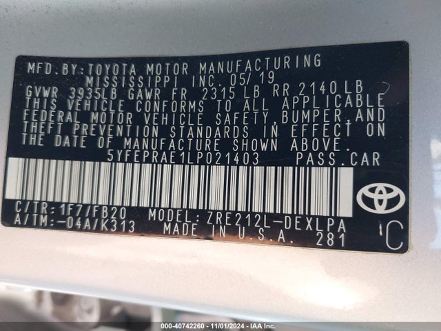 Toyota COROLLA LE 2020 5YFEPRAE1LP021403 Image 9