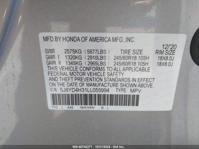 5J8YD4H31LL055994 Acura Mdx Standard