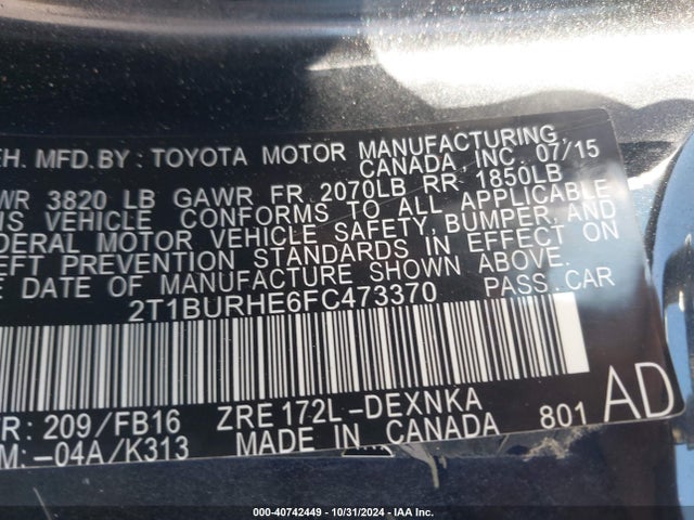 Toyota COROLLA LE 2015 2T1BURHE6FC473370 Image 9