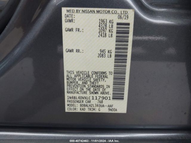 1N4BL4DVXLC117901 Nissan Altima Sv Fwd
