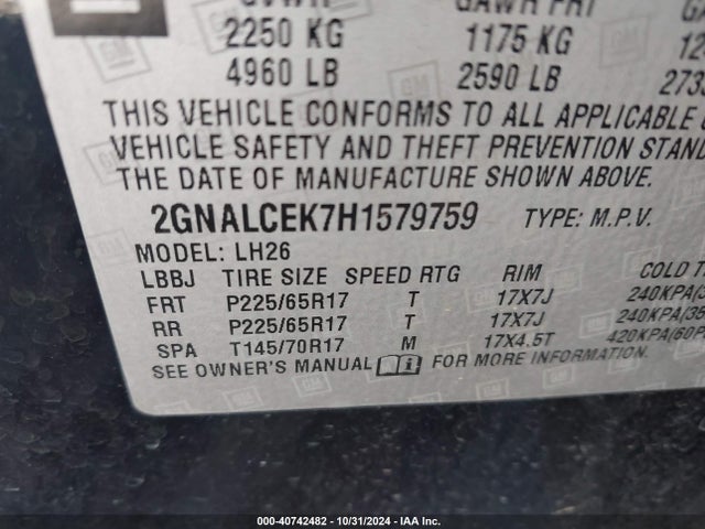 Chevrolet EQUINOX LT 2017 2GNALCEK7H1579759 Image 9