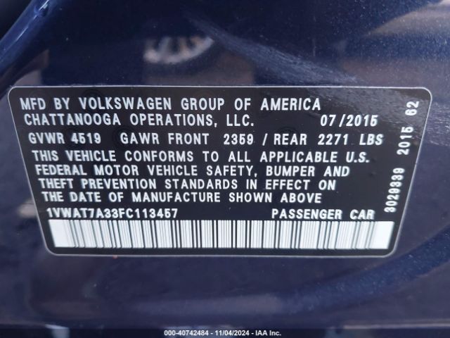 1VWAT7A33FC113457 Volkswagen Passat 1.8t Limited Edition