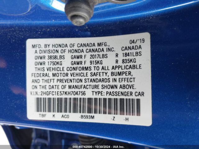 2HGFC1E57KH704756 Honda CIVIC SI