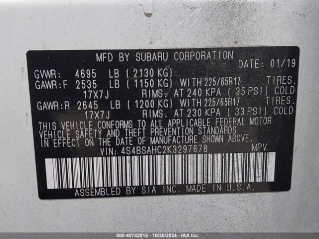 4S4BSAHC2K3297678 Subaru Outback 2.5i Premium