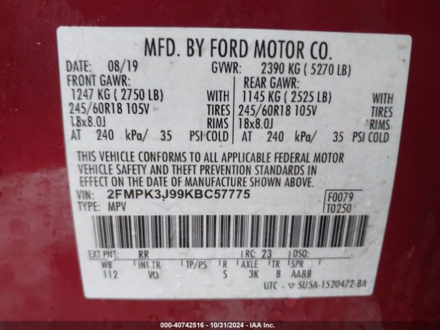 2FMPK3J99KBC57775 Ford EDGE SEL