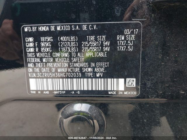 3CZRU5H36HG702039 Honda HR-V LX