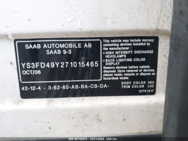 2007 SAAB 9-3 YS3FD49Y271015465 Photo 8