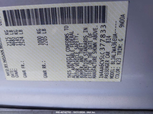 Nissan Maxima Sv Xtronic Cvt 2020 1N4AA6CV5LC377833 Image 9