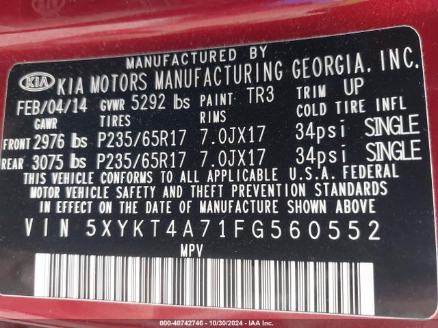 KIA Sorento Lx V6 2015 5XYKT4A71FG560552 Image 9