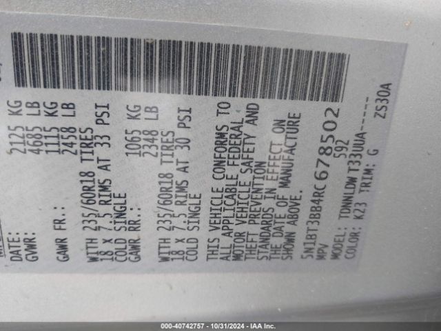 5N1BT3BB4RC678502 Nissan Rogue Sv Intelligent Awd