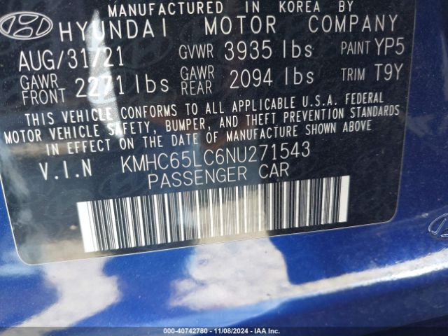 KMHC65LC6NU271543 Hyundai Ioniq Hybrid Blue
