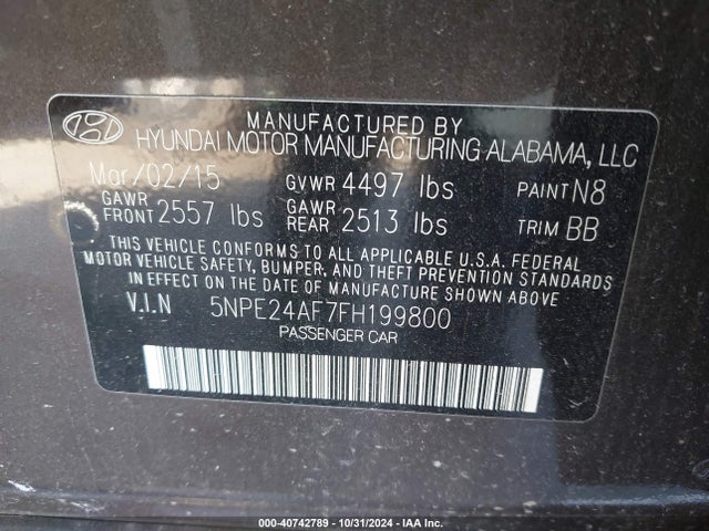 Hyundai SONATA SE 2015 5NPE24AF7FH199800 Image 9