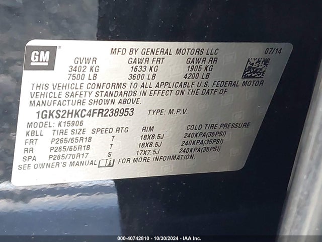 1GKS2HKC4FR238953 GMC Yukon Xl 1500 Slt