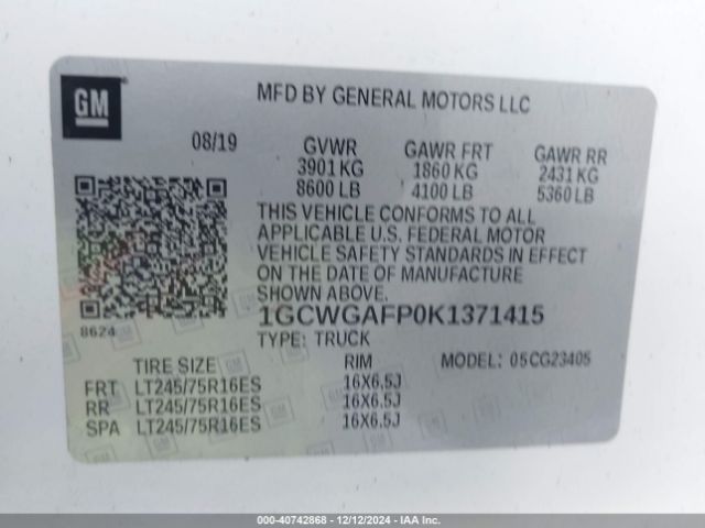 1GCWGAFP0K1371415 Chevrolet Express 2500 Work Van