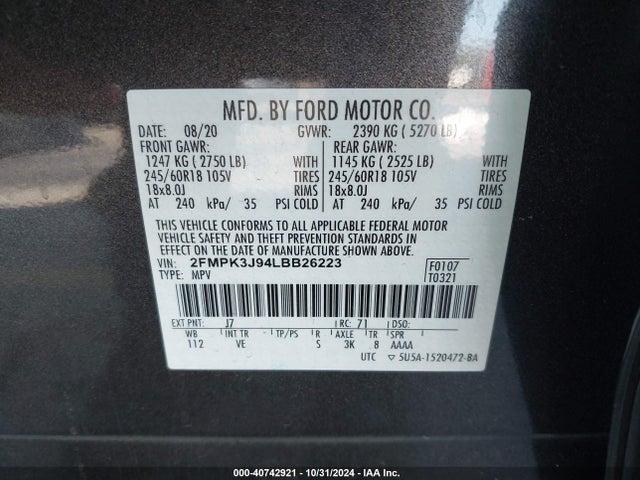 Ford EDGE SEL 2020 2FMPK3J94LBB26223 Image 9