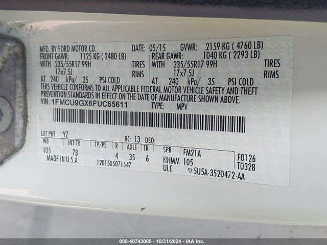 Ford ESCAPE SE 2015 1FMCU9GX6FUC65611 Image 9