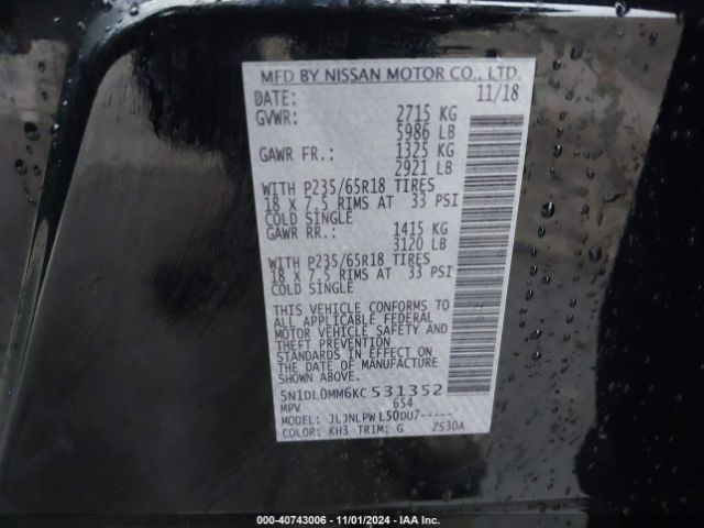 5N1DL0MM6KC531352 Infiniti QX60 PURE