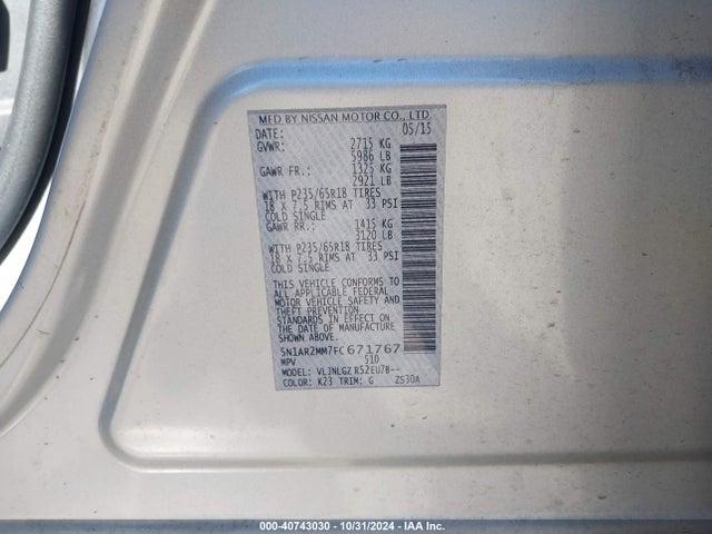 Nissan Pathfinder Sl 2015 5N1AR2MM7FC671767 Image 9