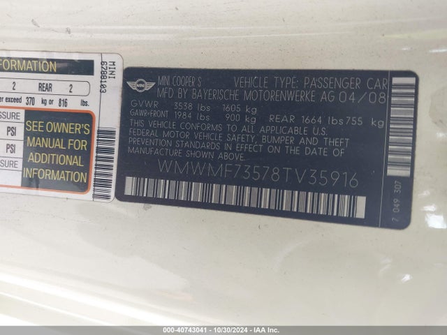 2008 MINI COOPER S WMWMF73578TV35916 Photo 8