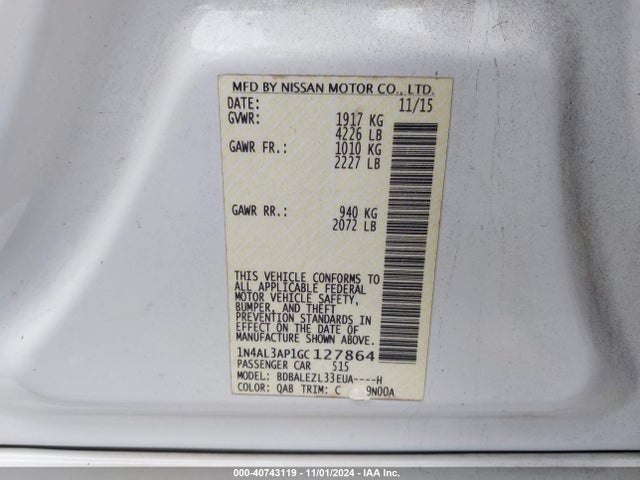 Nissan Altima 2.5 S 2016 1N4AL3AP1GC127864 Image 9