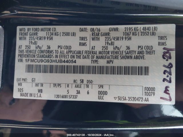 1FMCU9G93HUB44054 Ford ESCAPE SE