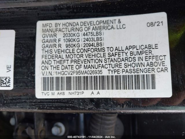1HGCV2F95MA026935 Honda Accord Touring