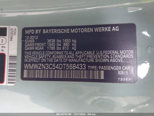 2013 MINI CONVERTIBLE WMWZN3C54DT568433 Photo 8