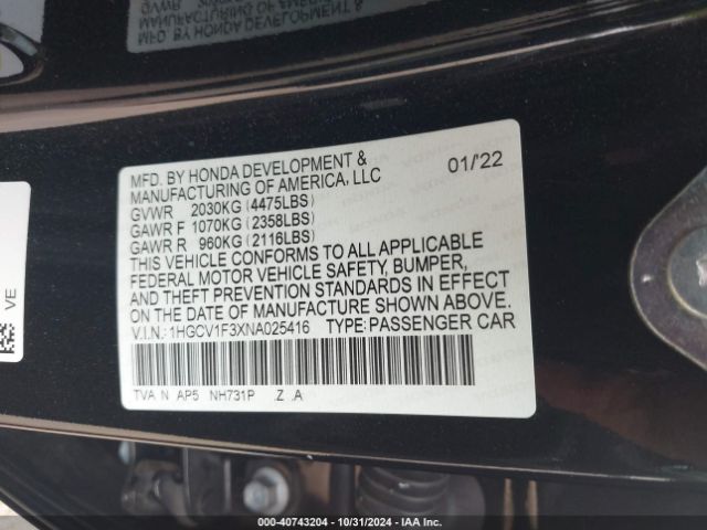 1HGCV1F3XNA025416 Honda Accord Sport