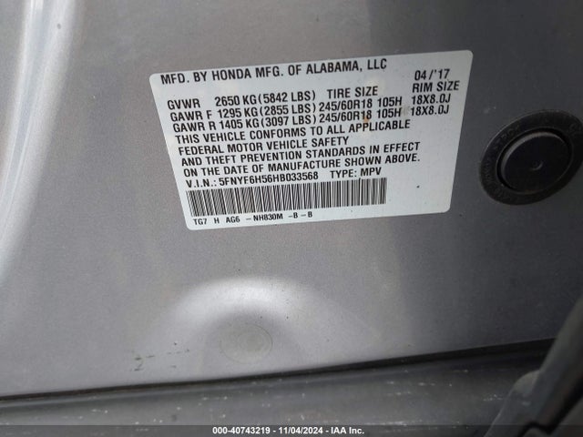 Honda Pilot Ex-l 2017 5FNYF6H56HB033568 Image 9