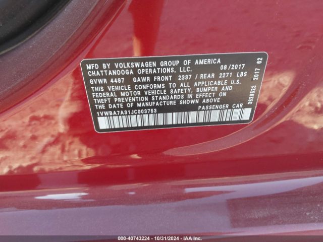 1VWBA7A31JC003753 Volkswagen Passat 2.0t Se