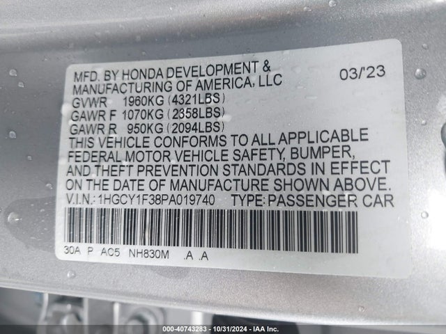 Honda ACCORD EX 2023 1HGCY1F38PA019740 Image 9