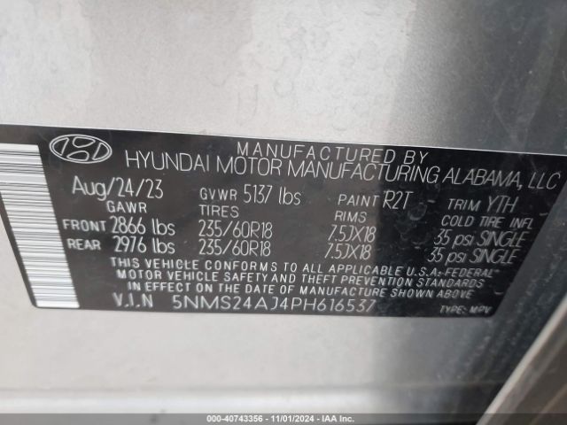 5NMS24AJ4PH616537 Hyundai Santa Fe Sel