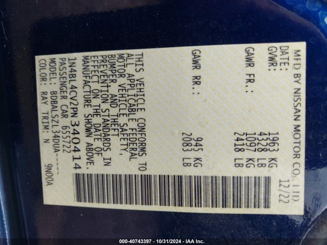 1N4BL4CV2PN340414 Nissan Altima Sr Fwd