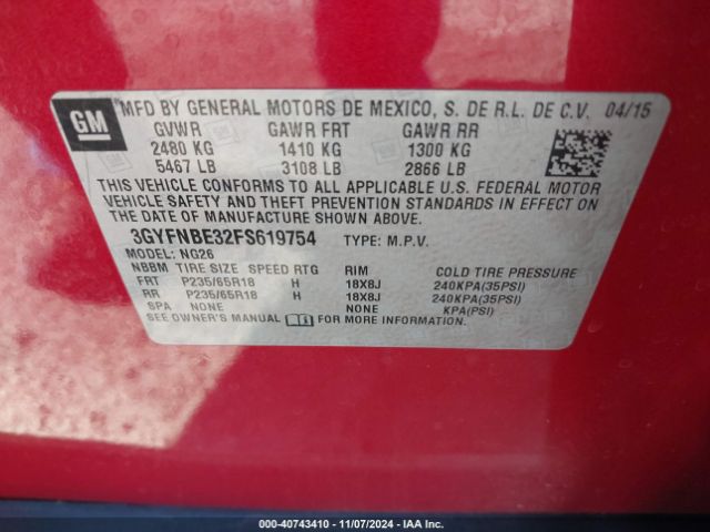 3GYFNBE32FS619754 Cadillac Srx Luxury Collection
