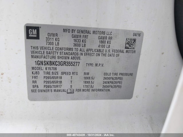Chevrolet Tahoe Lt 2016 1GNSKBKC3GR355277 Image 9