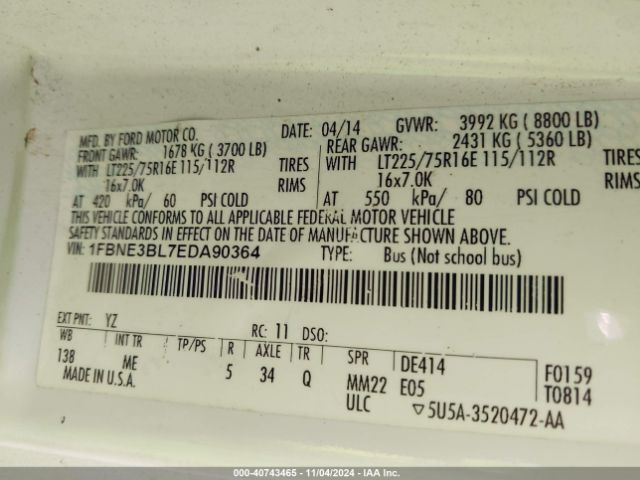 1FBNE3BL7EDA90364 Ford E-350 Super Duty Xlt