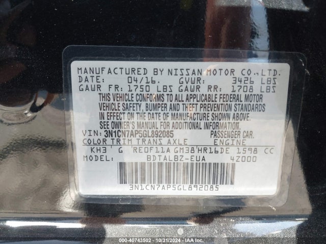 Nissan Versa 1.6 Sv 2016 3N1CN7AP5GL892085 Image 9