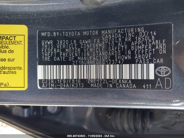 Toyota COROLLA LE 2014 2T1BURHE0EC123747 Image 9