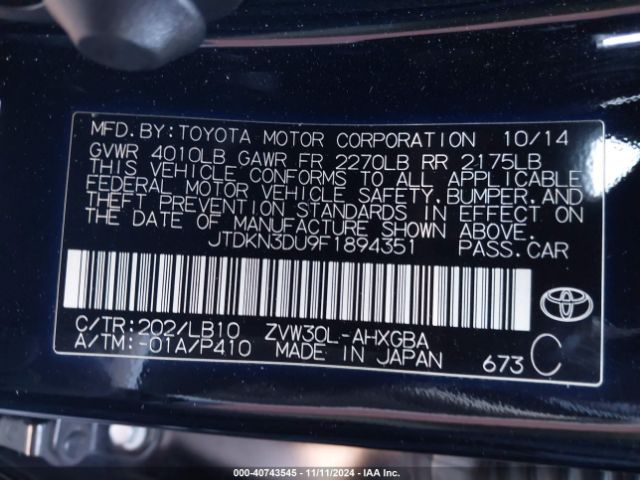 JTDKN3DU9F1894351 Toyota Prius