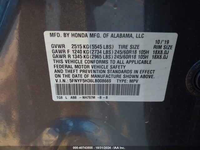 Honda Pilot 2wd Ex 2020 5FNYF5H36LB008669 Image 9