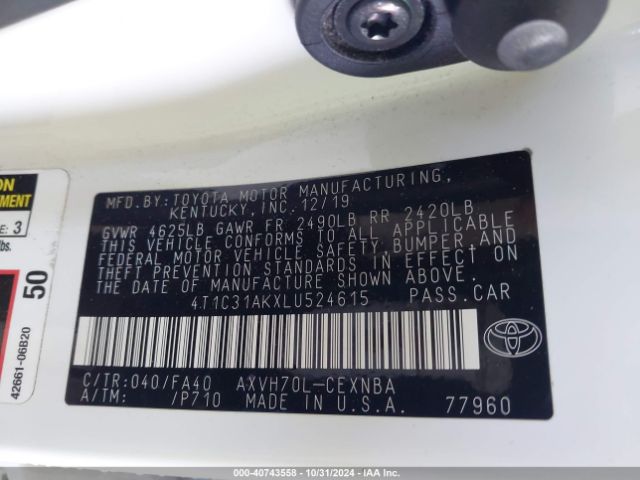 4T1C31AKXLU524615 Toyota Camry Le Hybrid