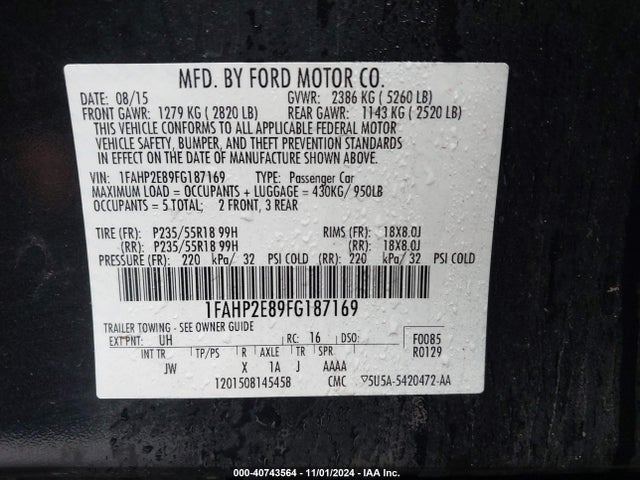 1FAHP2E89FG187169 Ford TAURUS SEL