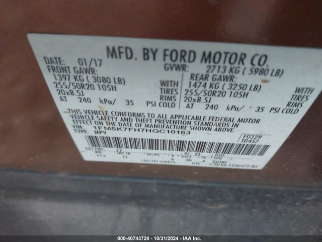 Ford Explorer Limited 2017 1FM5K7FH7HGC10163 Image 9