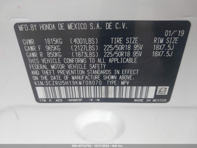3CZRU5H19KM708070 Honda HR-V SPORT