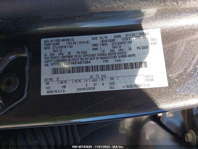 Ford F-150 Lariat 2019 1FTEW1E51KFA67284 Image 9