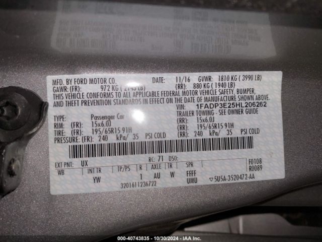 1FADP3E25HL206262 Ford FOCUS S